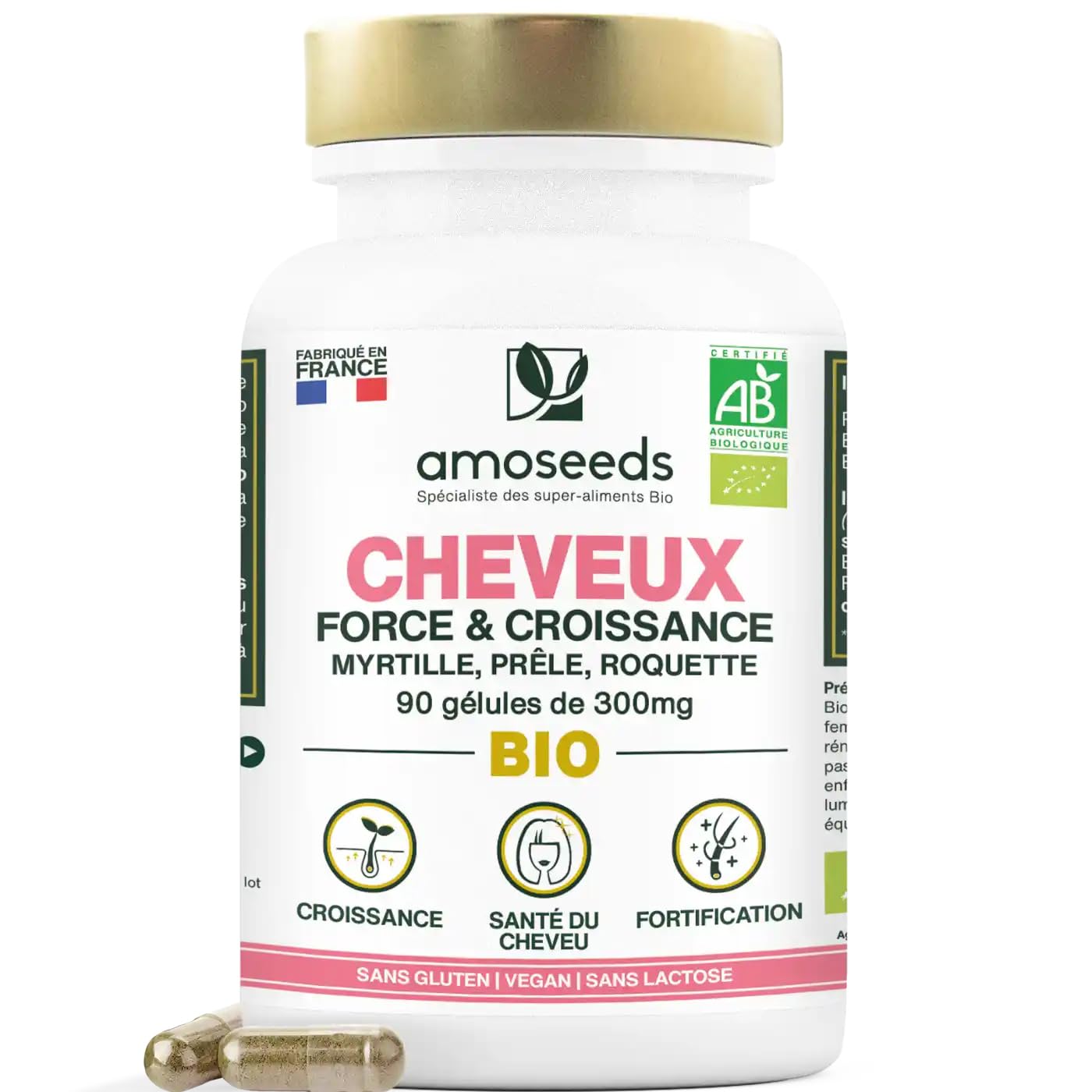 Cheveux BIO | Force & Croissance | Stimule la Pousse, Fortifie les Cheveux | Myrtille, Prêle, Roquette | 90 gélules de 300mg | Qualité Supérieure