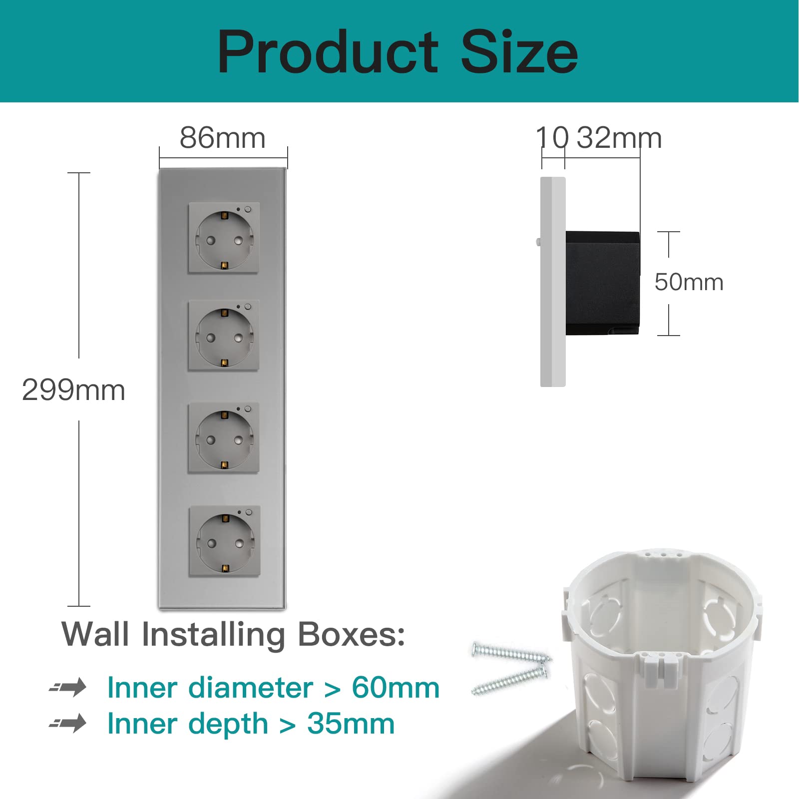 BSEED Schuko WiFi Smart Alexa ZigBee 4-krotne gniazdko 16 A, szklane gniazdko, 1 opakowanie, 1 drożny szary, 299 mm, podtynkowa instalacja podtynkowa, sterowanie aplikacją, praca z Alexa/Google Home, DIY Free Spin tylko 2,4 GHz