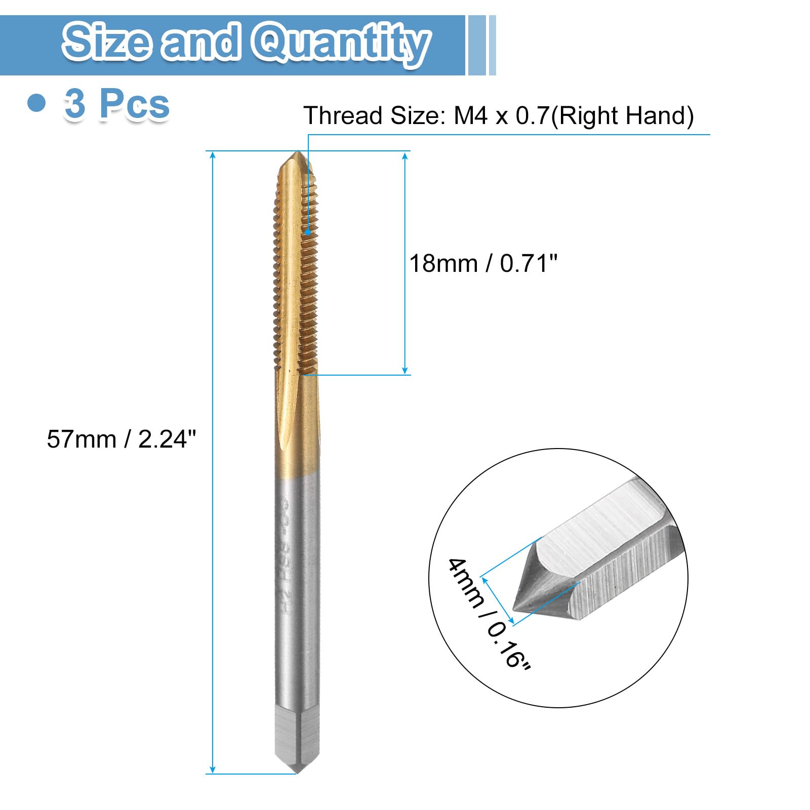uxcell 3pcs Straight Flute Thread Tap, M4 x 0.7 Metric Titanium Coated Screw Threading Tapping Tool Thread Milling Machine Taps, M35 High Speed Steel with Cobalt