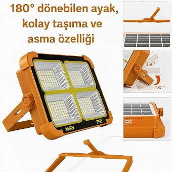 200W Güneş Enerjili Portatif Solar LED Projektör | IP66 Su Geçirmez, 4 Işık Modu, 2200 Lümen, Taşınabilir Şarjlı Lamba | Kamp, Bahçe, Sokak Aydınlatması K2LED [Enerji Sınıfı E]
