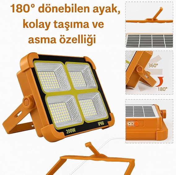 200W Güneş Enerjili Portatif Solar LED Projektör | IP66 Su Geçirmez, 4 Işık Modu, 2200 Lümen, Taşınabilir Şarjlı Lamba | Kamp, Bahçe, Sokak Aydınlatması K2LED [Enerji Sınıfı E]