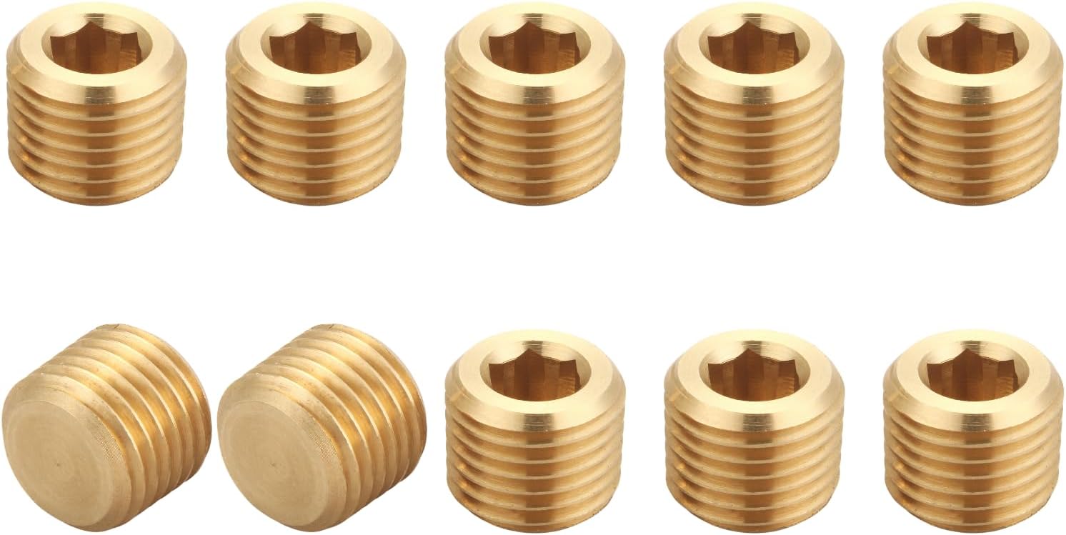Brass Pipe Fitting, Hex Counter Sunk Plug, 1/4 Inch NPT Male Pipe, Thread 0.5" OD, (10 Piece)