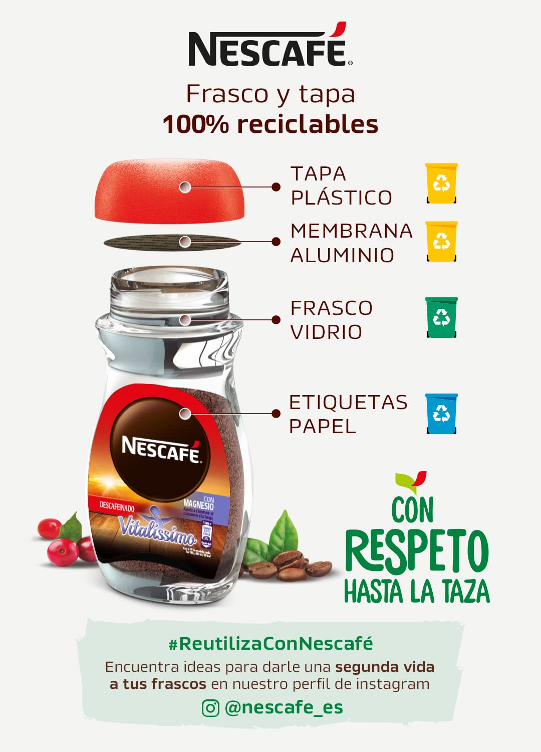 NESCAFÉ VITALISSIMO DESCAFEINADO con magnesio, café soluble descafeinado, frasco de vidrio, Pack de 6 x 200 g