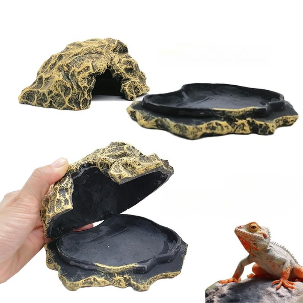 OMEM Rettile Hide Grotta Roccia Resina Paesaggio con Bacino Del Cibo Ciotola Acqua per Geco, Lucertola, Serpente, Corna, Rana, Ragno, Pet Escape House Durevole Rifugio (Marrone)