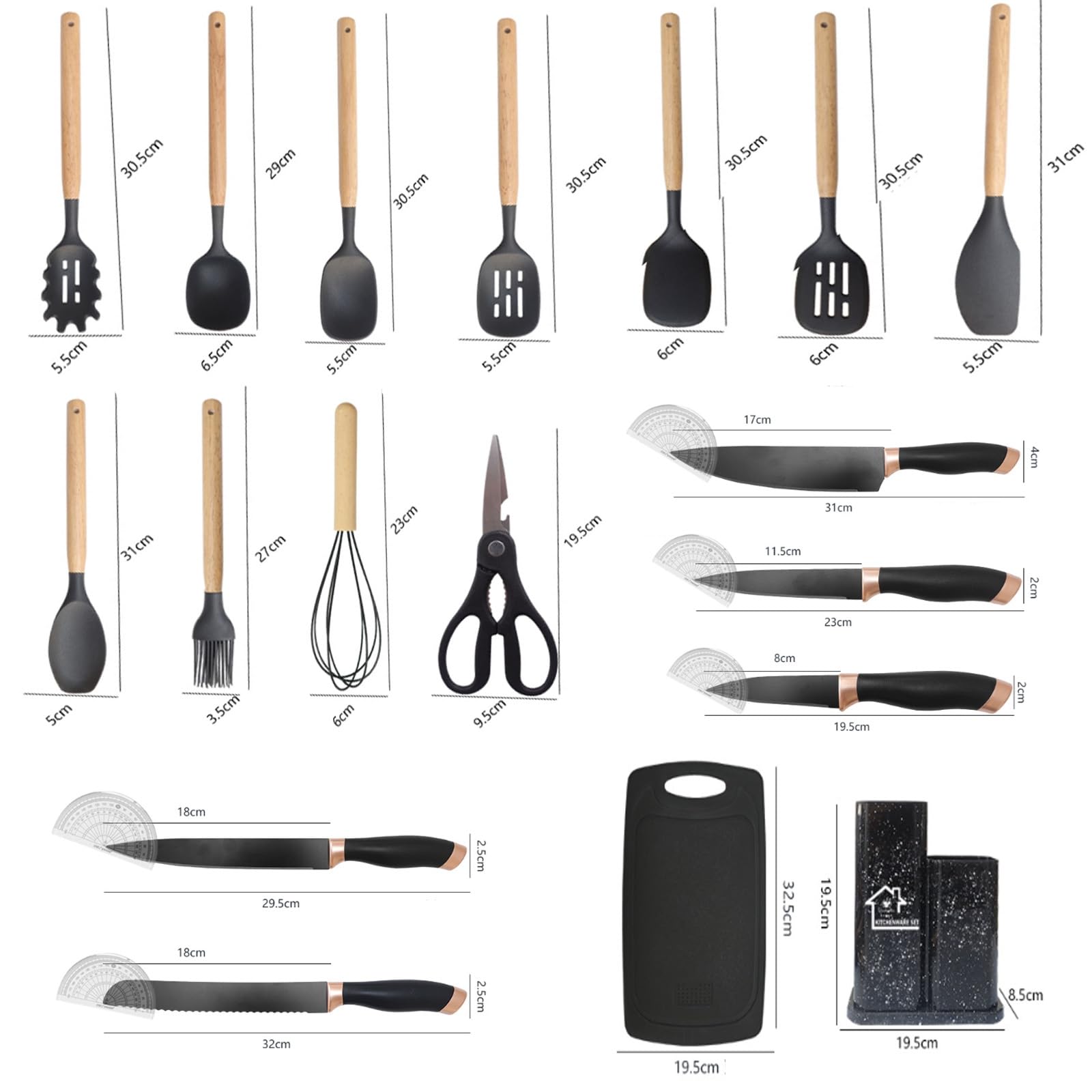 Küchenmesser Set 19 Teiliges Küchenutensilien Set Silikon Küchenhelfer Set mit 12 Kochutensilien,5 Messern,Schneidebrett und Halter,Spülmaschinengeeignet (Blau)