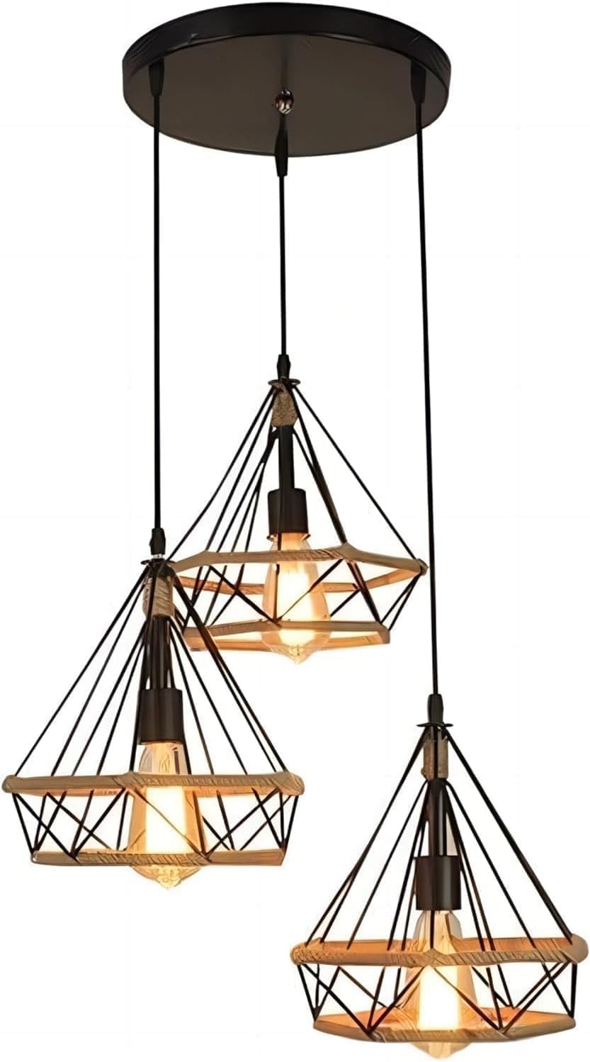 HUA QIANG WANG Farmhouse Diamond Pendant Light, 3-Light Black Metal Cage Hanging Ceiling Light with Natural Hemp Rope, E27 Chandelier for Kitchen Island, Dining Room, Bedroom, Bulb Not Included