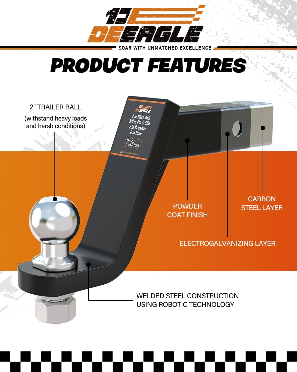 DEEAGLE 2 in Ball Hitch with Pin, Solid Steel Receiver Hitch, Fits 2 in Receiver, 7500lbs, 6 in Drop