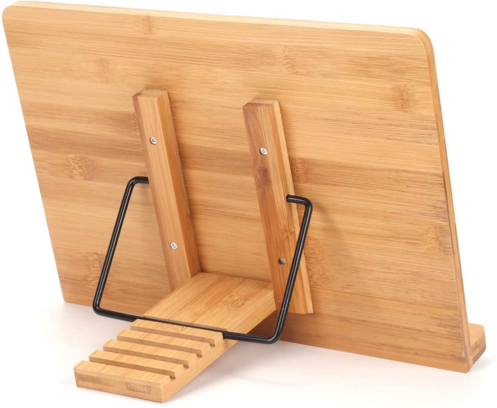 Soporte De Libro De Bambú Soporte De Libro De 340 * 240 Mm Soporte De Libro De Cocina De Recetas De Bambú Ajustable Soporte Con 2 Soportes De Página De Metal.