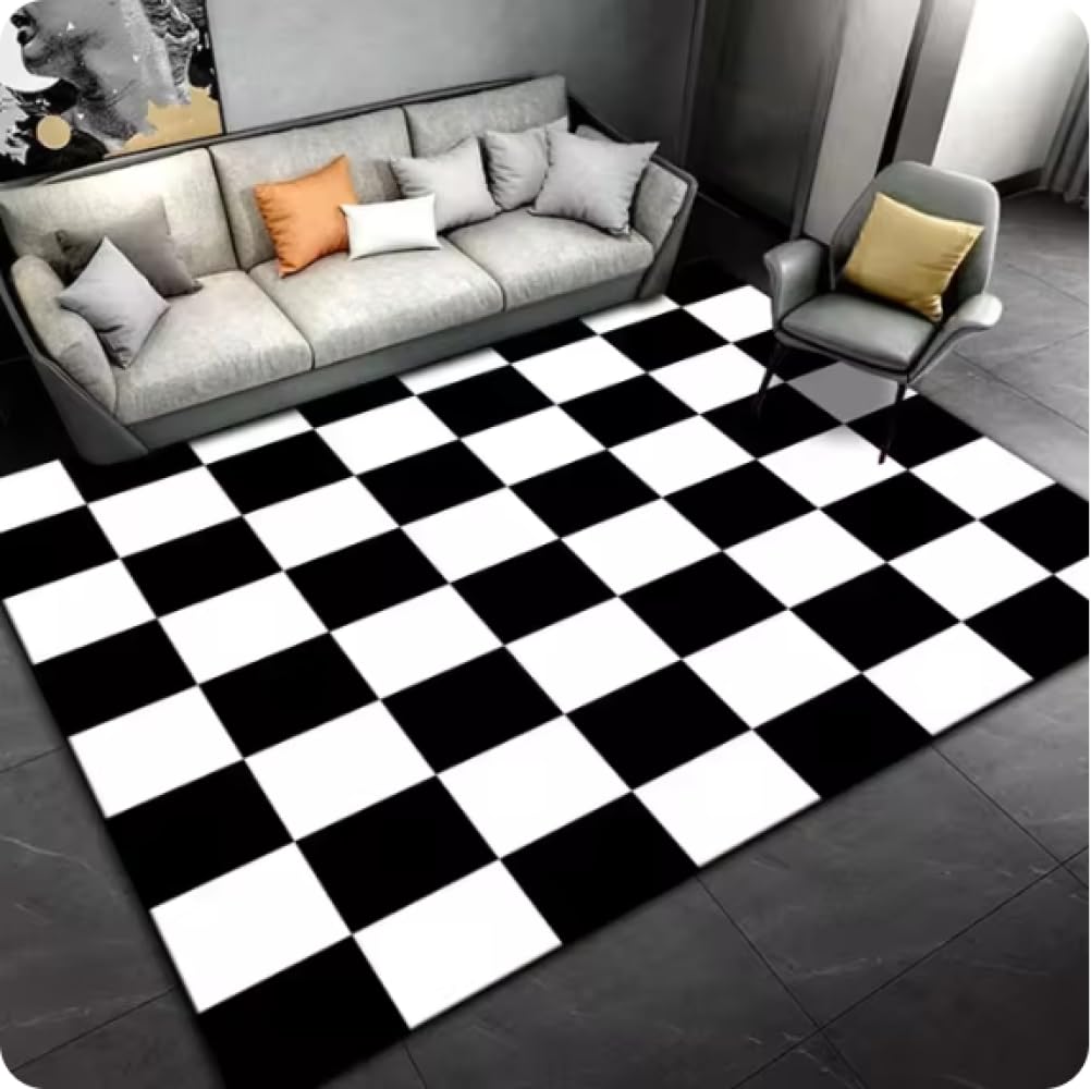 Tapis moderne à carreaux noirs et blancs salon chambre géométrique 60x90cm