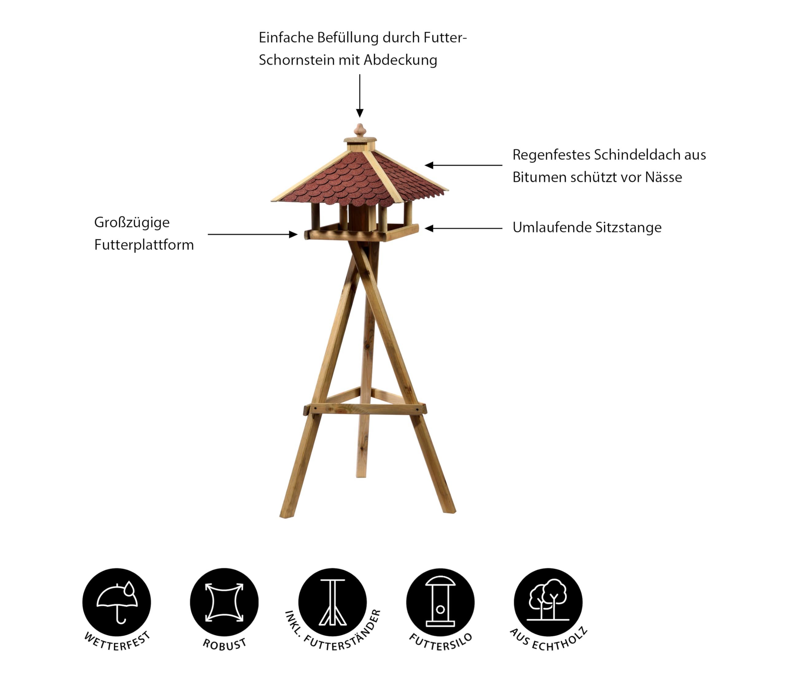 Dehner Natura Wildvogel-Futterhaus Brixen, inkl. Ständer Brixen, 144 x 68 x 62 cm, Holz/Bitumen, braun/rot