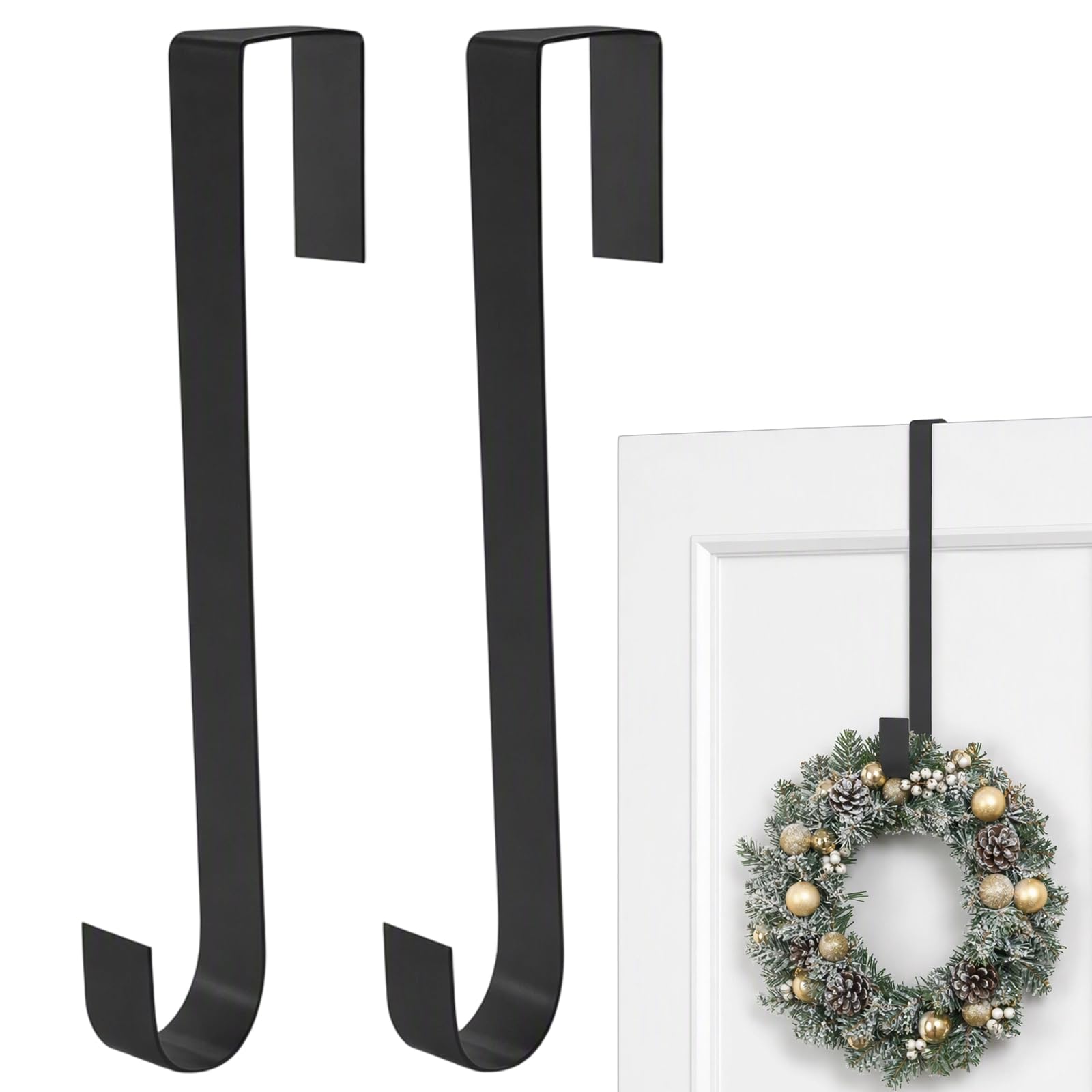 2 Pack Wreath Hanger for Front Door, Black Metal Door Wreath Hanger