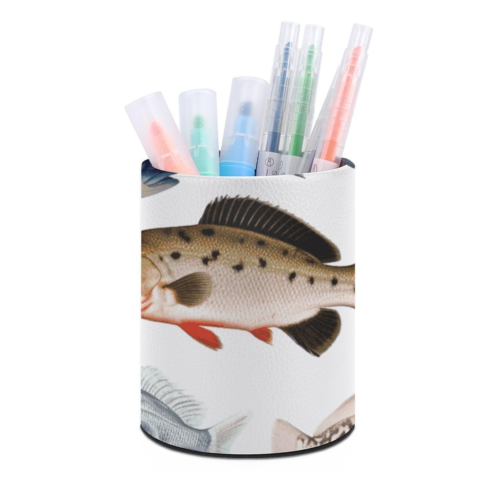 DWVTSLH Aesthetic Pen Holder for Desk - Modern Leather Pencil Holder - Stylish Round Makeup Brush Holder - Different Fish Pen Cup Cute And Functional Desk Organizer for Office Supplies