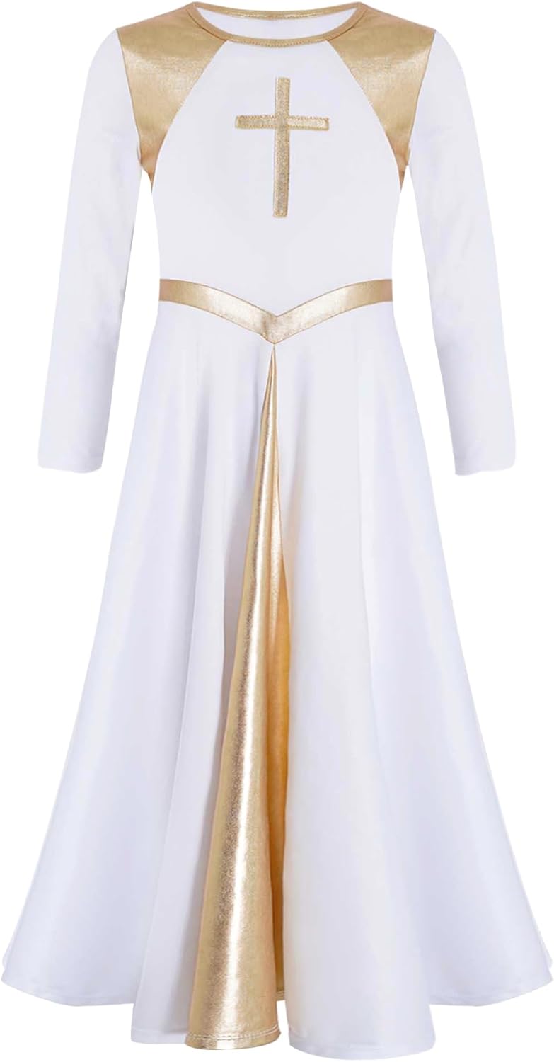 Girls Kids Liturgical Praise Dance Worship Long Dress Metallic Gold Color Block Full Length Church Dancewear