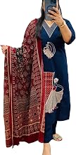 Women's Pure Cotton Embroidered Applique Work Kurta Pant with Dupatta Set