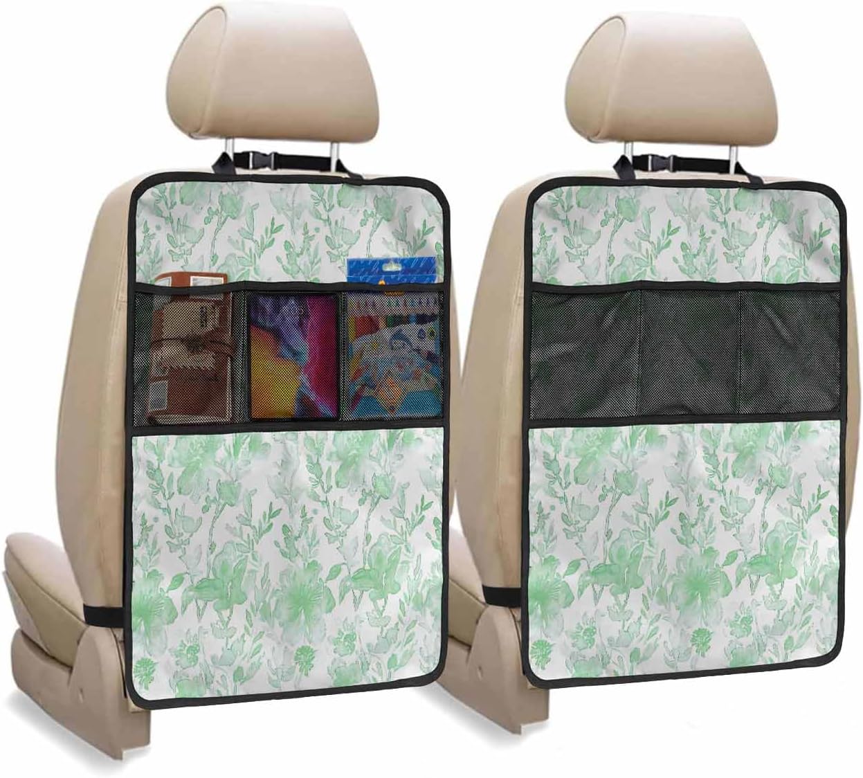 Car Seat Protector, 2 Pack Kick Mats with Organizer - 3 Pocket Storage, Blue Green Abstract Flowers Plants Watercolor Floral Back Seat Cover for Kids Universal Fit Automotive Interior Protectors