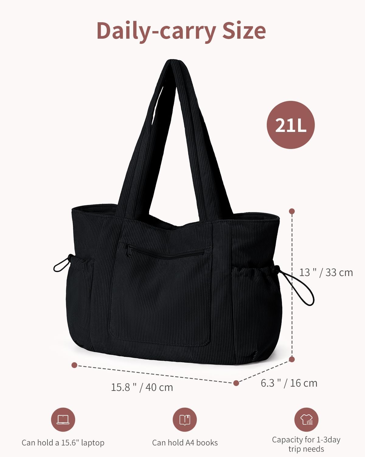 ECOHUB Large Corduroy Tote Bag for Women with Cup Holder & Luggage Sleeve & Laptop Compartment for Work Travel College Casual - Image 8