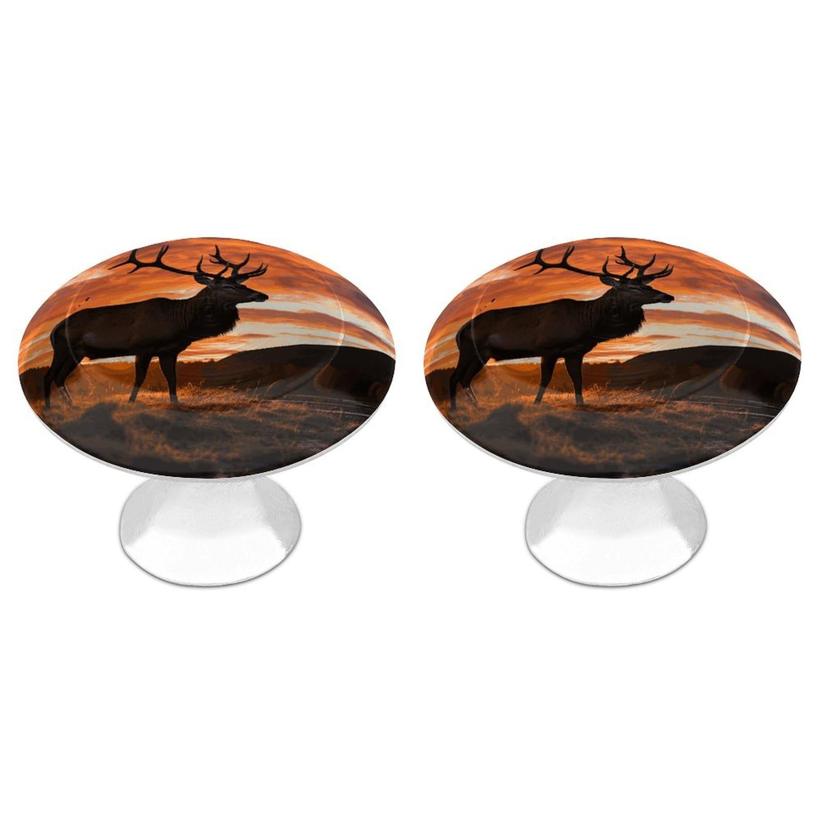Fodpand White 2 Pack Cabinet Knobs 1.1 Inch Single Hole Drawer Pulls Handles Decorative Red Deer Bull Elk Sunset Furniture Knobs For Dresser Kitchen Bathroom Cupboard Wardrobe Vanity Closet Door Hardware