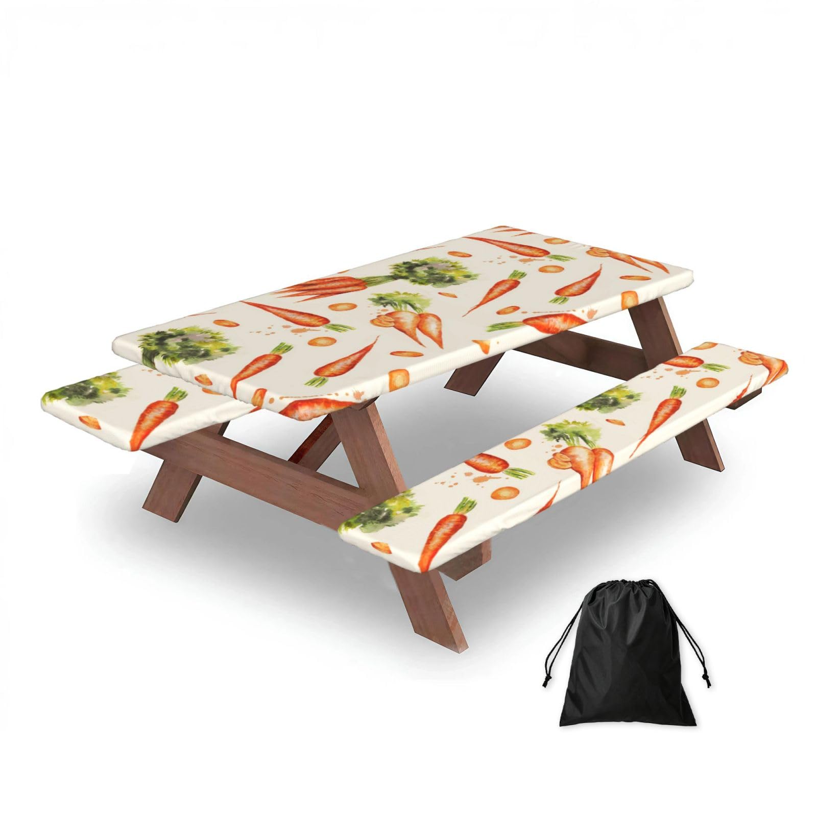 Dopklna As Picture Watercolor Hand Drawn Carrots, Picnic Table Cover With Bench Covers -Waterproof Elastic Fitted Tablecloth For Garden Camping Patio 76X152cm