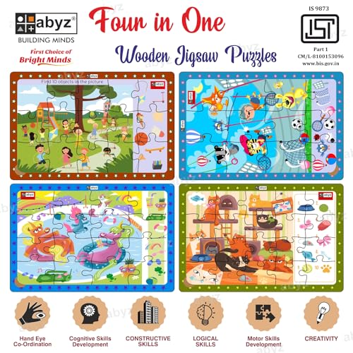 Image of ABYZ Wooden Jigsaw Animals Sports Day, Children's Playtime, Lazy Cats, Unicorns Pooltime, Puzzles 63pcs for Kids with Find The Things of Age 3+, Set of 4