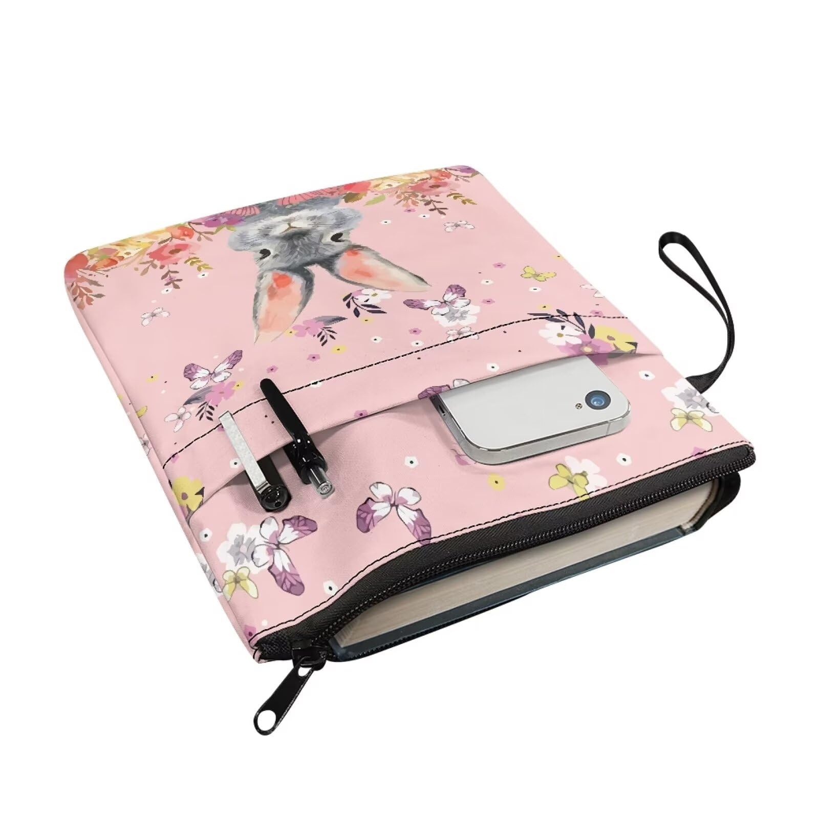 COEQINE Rabbit Floral Book Sleeves Bunny Book Pouch Pink Book Lovers Gifts Book Protector Bookish Gift Librarian Gifts Book Covers Book Club Gifts for Teacher Student Roommates Reading Accessories - Image 2