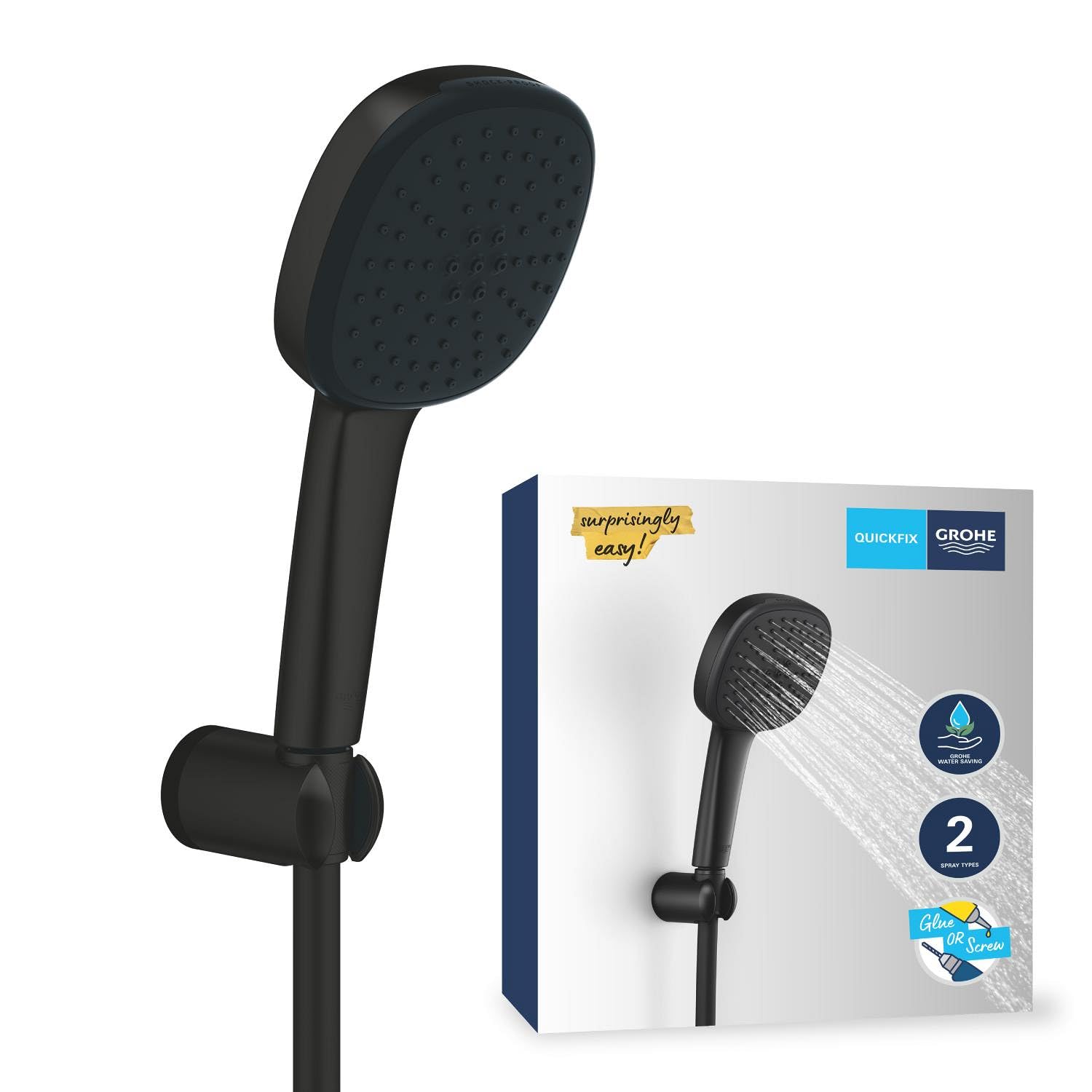GROHE Vitalio Comfort 110, Ensemble de Douche avec Douchette Carrée 2 jets, Support Mural Universel, Flexible 1,75m, Economie d'Eau, A coller avec GROHE QuickGlue ou à visser, Noir Mat, 263992431