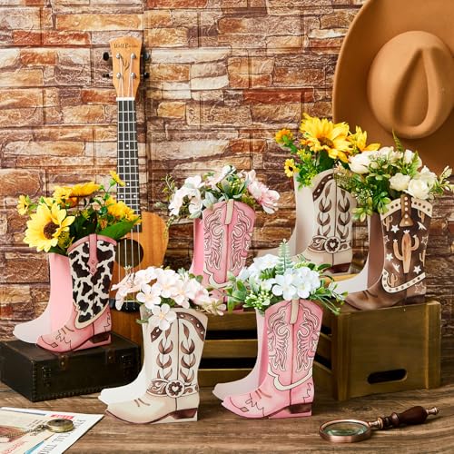 Image of 12 Set Western Boots Flower Boxes Centerpiece Boot Shape Gift Boxes Party Decoration Vase Centerpieces for Tables Boots Rodeo Birthday Baby Shower Supplies(Western Pink,Cowgirl Cow)