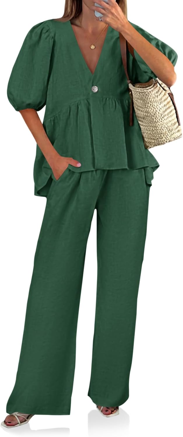 Tankaneo Womens 2 Piece Linen Sets Summer Vacation Outfits V Neck Puff Sleeve Babydoll Tops Wide Leg Pants Matching Sets