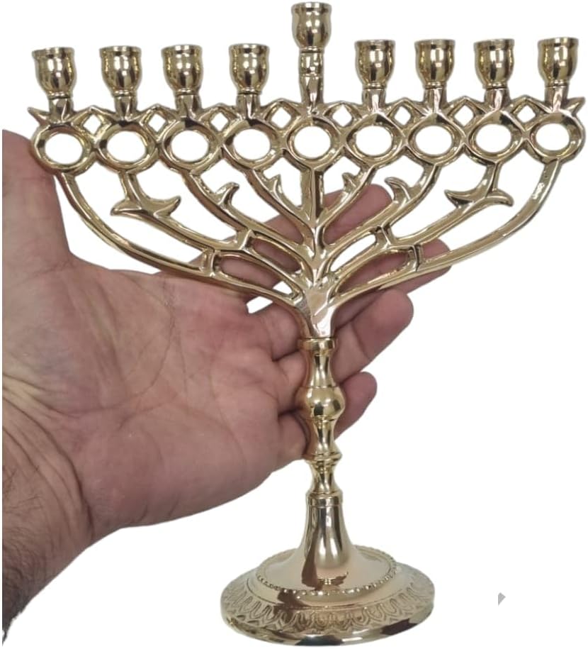 Chanukiah Chanukahs Hanukkiah Hanukkah Hanukkia Menorah Pomegranate Design 9 Branches Brass menorahs for Chanukah Candle Holder Size 10 inch (Gold)