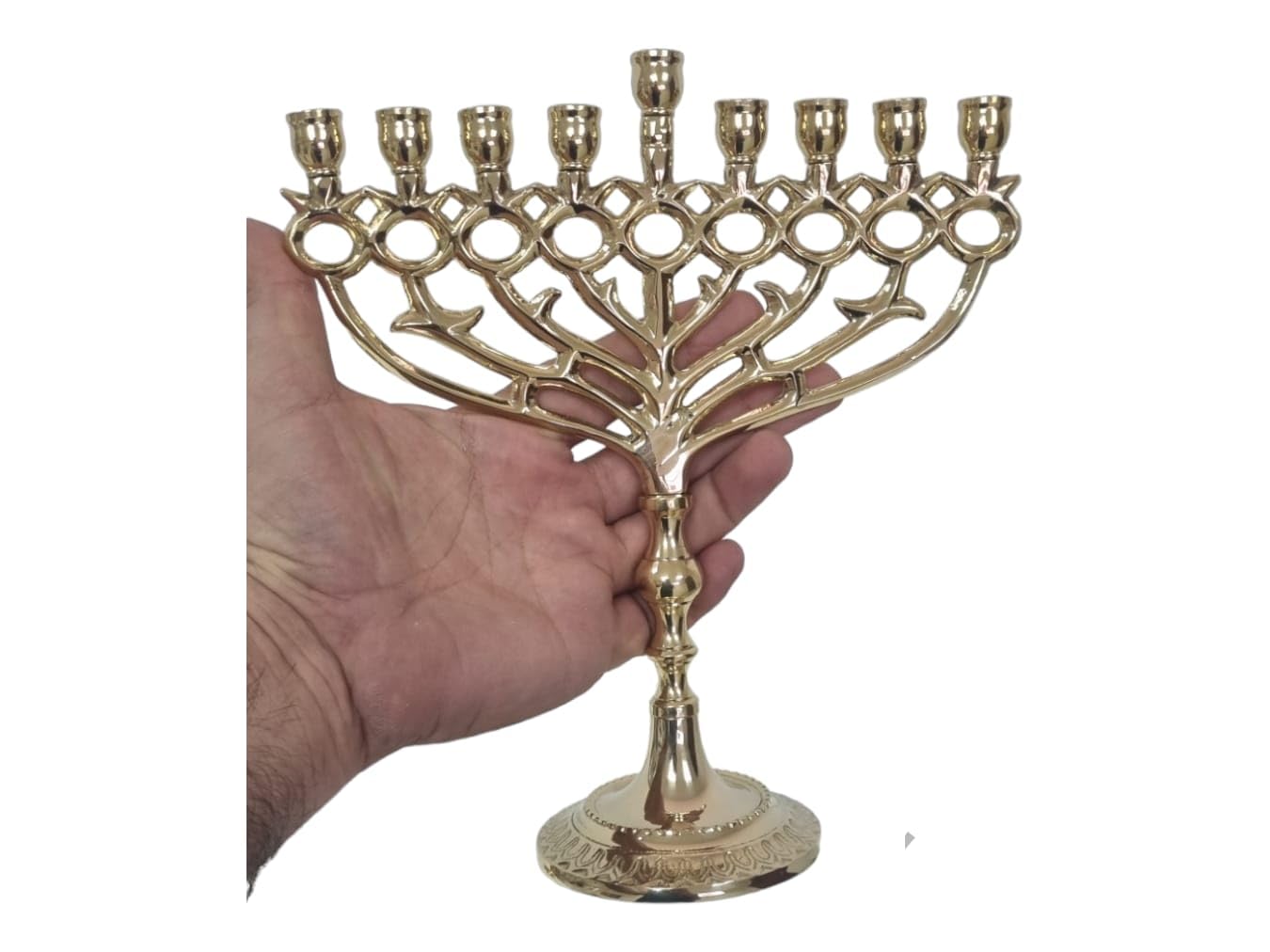 Hanukkah Hanukkia Menorah Pomegranate design 9 Branches Brass menorahs for chanukah Candle Holder size 10 inch (Gold)