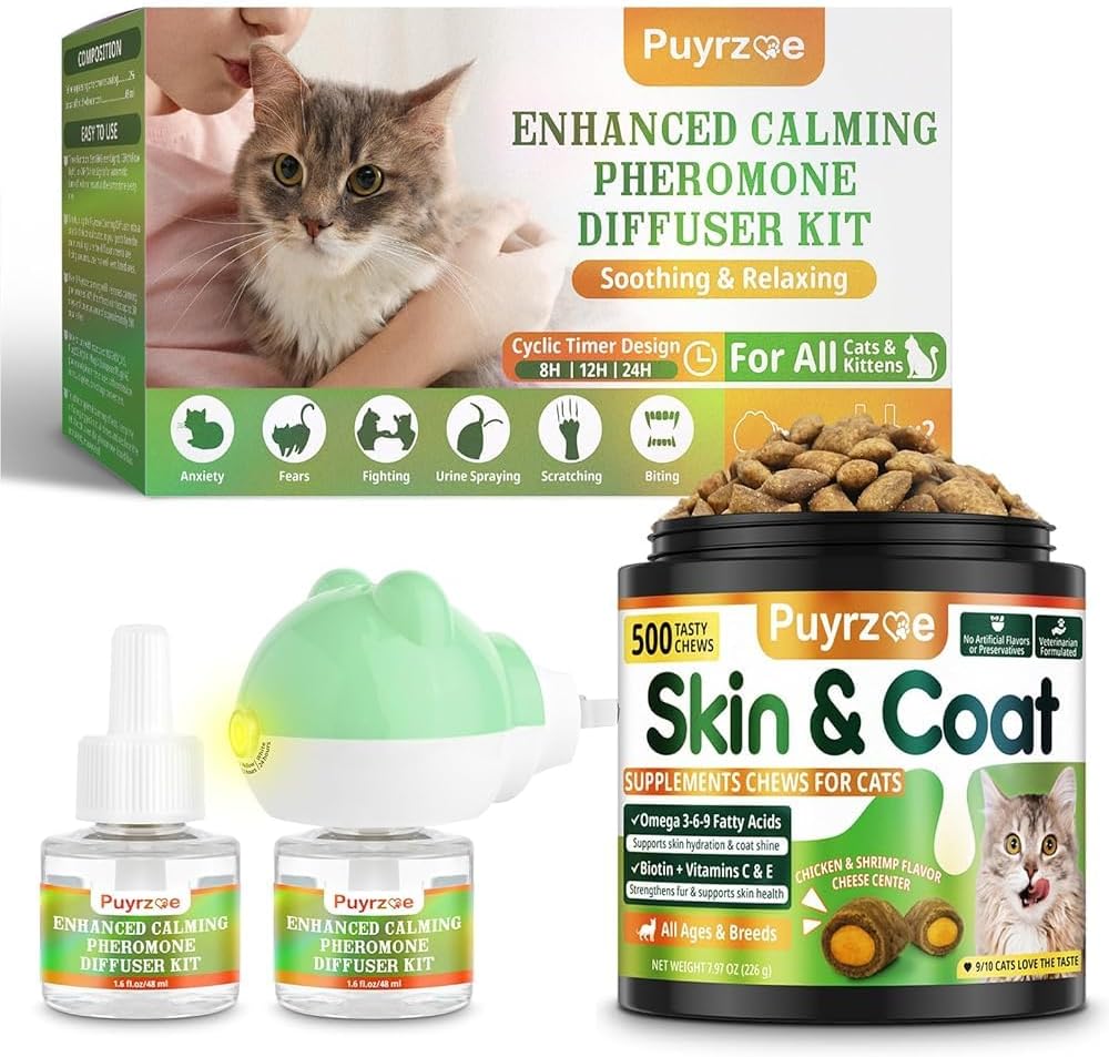 puyrzoe Cat 3-in-1 Calming Diffuser + Skin & Coat 500 Chews  Stress Support, Skin Care and Coat Shine Support for All Cats, 1 Diffusers + 2 Refills