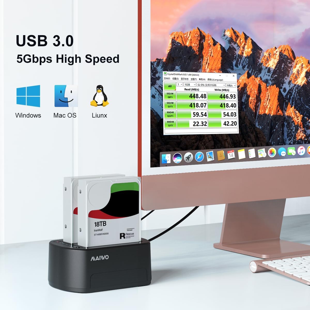 MAIWO Station d'accueil pour disque dur externe avec clone hors ligne pour disque dur SATA HDD/SSD 2,5/3,5", 5 Gbit/s avec UASP, capacité de 48 To, double baie USB 3.0 vers SATA Duplicateur