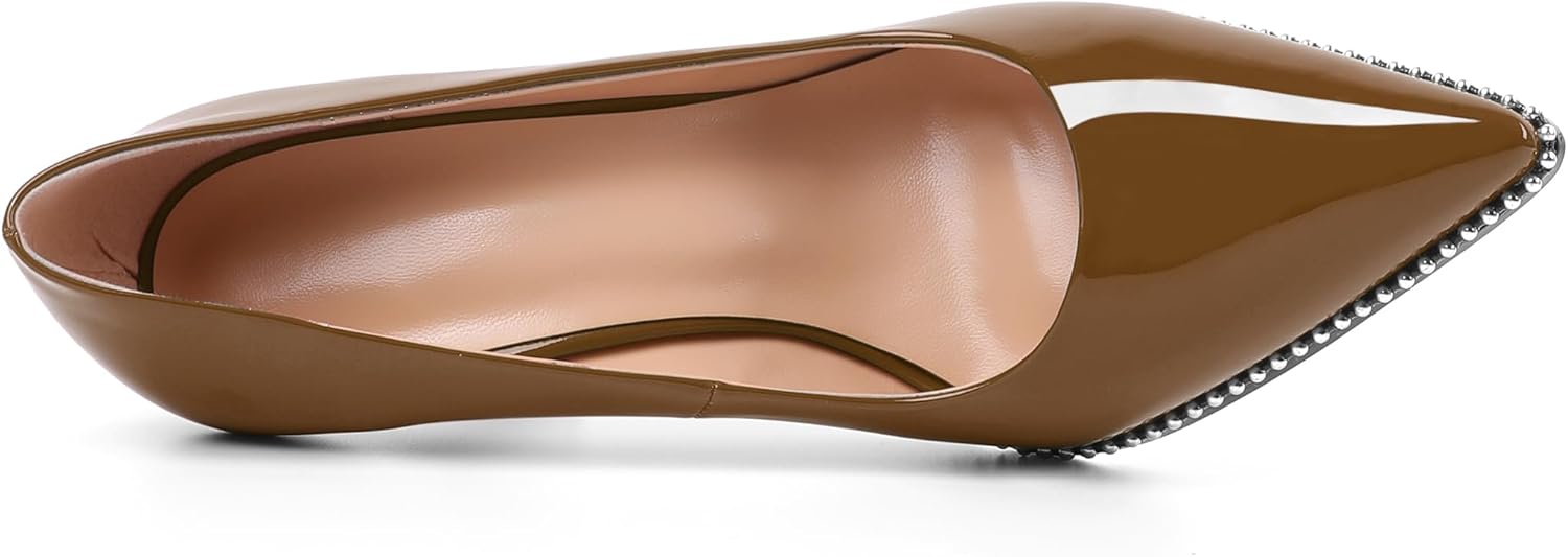 SAMMITOP Brown Heels for Women Silver Beaded Pumps Closed Toe Heels Sexy 3.5 Inch Stilettos High Heel Dressy Shoes for Wedding Work US Size 8 - Image 6