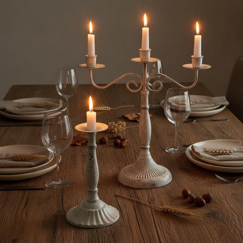 Portacandele Retrò in Ferro, Candelabro 3 teste + 4 candele