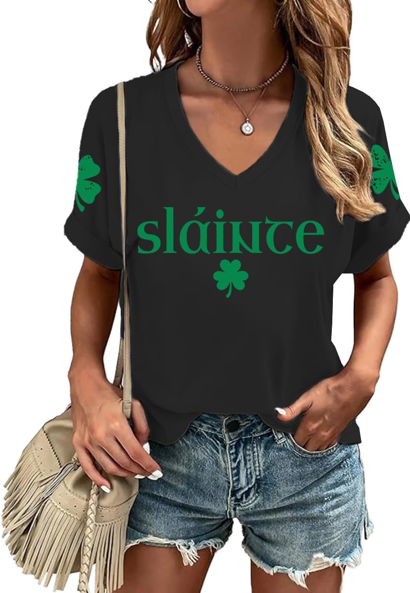 St Patricks Day Shirts for Women Saint Patricks Day T-Shirts V-Neck Shamrock Irish Slaince Tee Tops