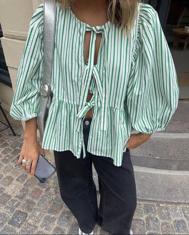 Women Y2K Peplum Puff Sleeve Shirts Teen Girls Lace Up Babydoll Ruffle Hem Blouse Tie Front Cute Summer Tops4