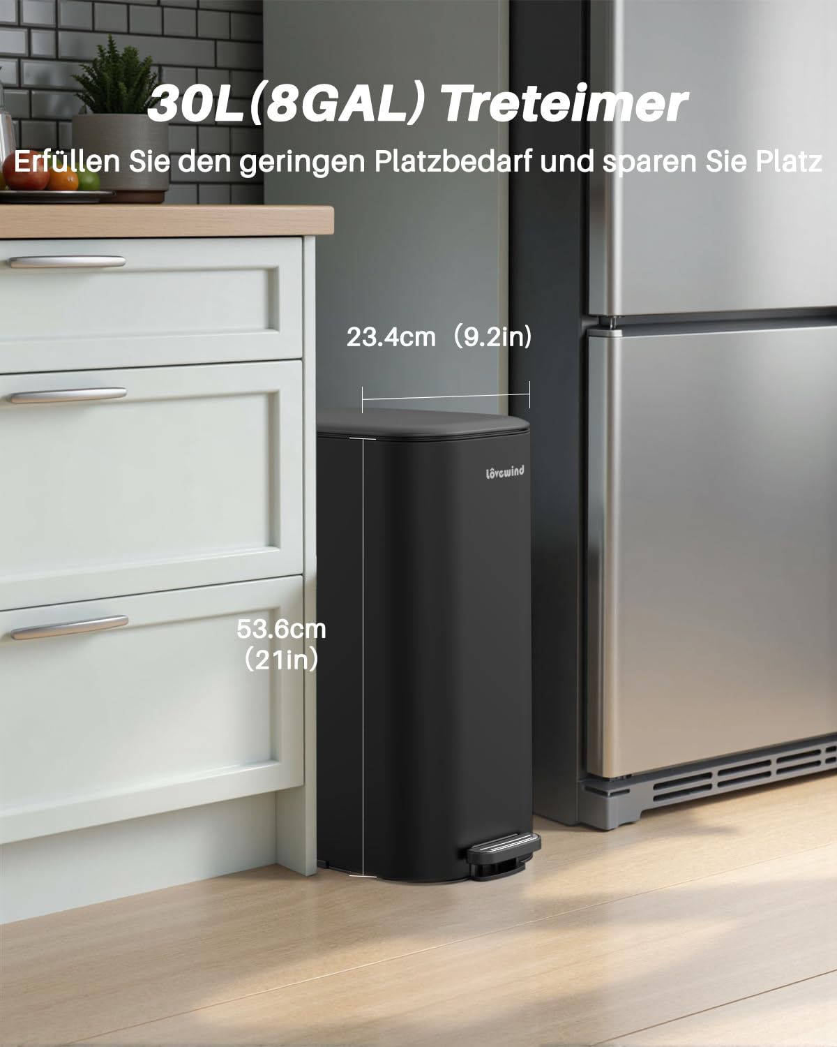 Lovewind Mülleimer Küche 30l, Softclose Abfalleimer mit Deckel,Treteimer aus Stahl, Mülleimer Schmal mit Inneneimer für Küche, Büro, Schwarz