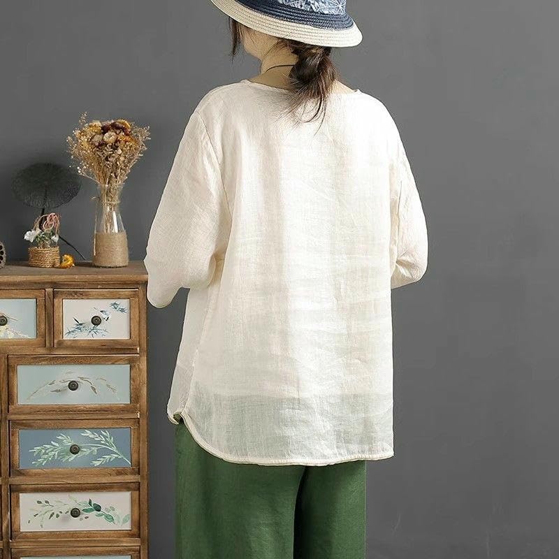 Women's National Style Retro Embroidered Floral Top Side Frog Button Cotton Linen Summer Blouse