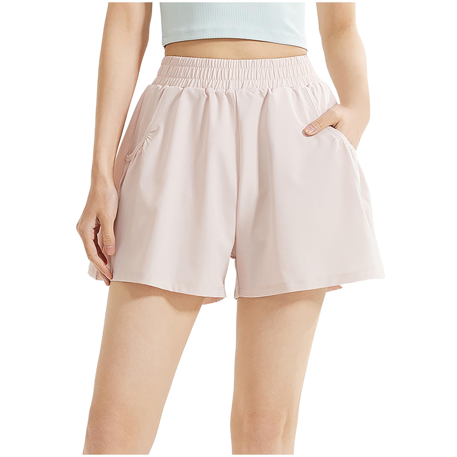 Workout Shorts for Women Elastic High Waisted Comfy Short Pant Quick Dry Athletic Workout Jogging Solid Color Shorts(Beige,X-Large)