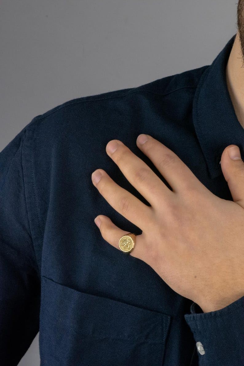 ZOYLA saint george signet ring| hammered catholic jewelry| knight & dragon symbol| christian gift for him| spiritual protection ring| gold plated brass,(Choose Your Ring Size US 5-12.5) |KB_BR_00204
