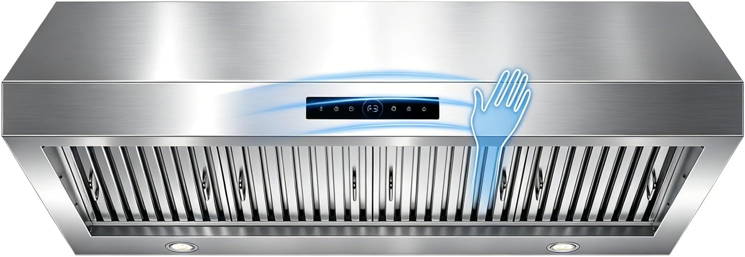 48 Inch Under Cabinet Range Hood 1200 CFM, 4-Speed Under Cabinet Range Hood with Touch Control & Gesture Sensing Stainless Steel Kitchen Stove Vent Hoods, Supports Only Duct Installation