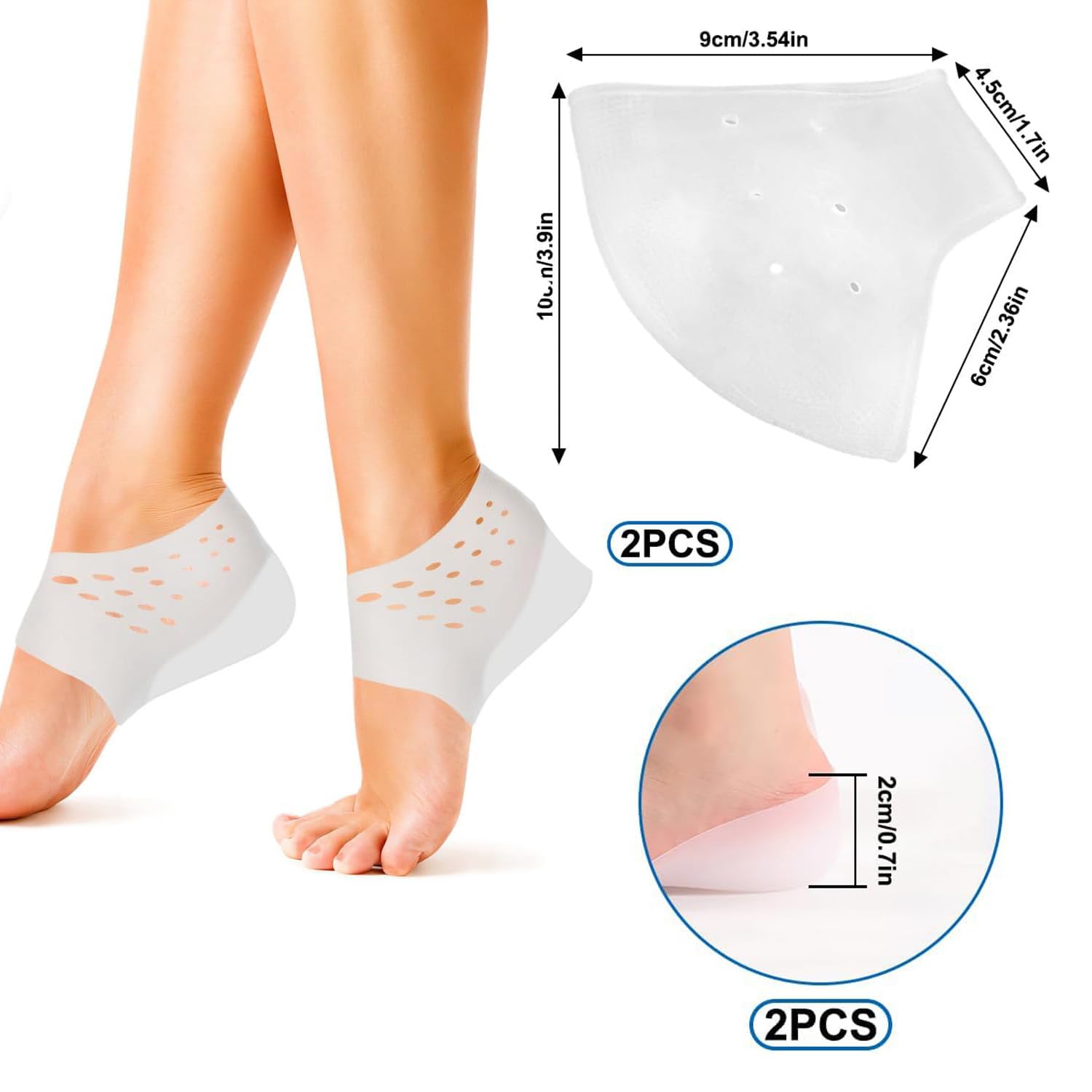 MEISO 4 Piezas Talonera Silicona, Protector de Talón y Tobillo, Aumento de Altura Interior de 2 cm Almohadilla Talon, Taloneras Fascitis Plantar, Alivia el Dolor de Talón, para Hombres y Mujeres