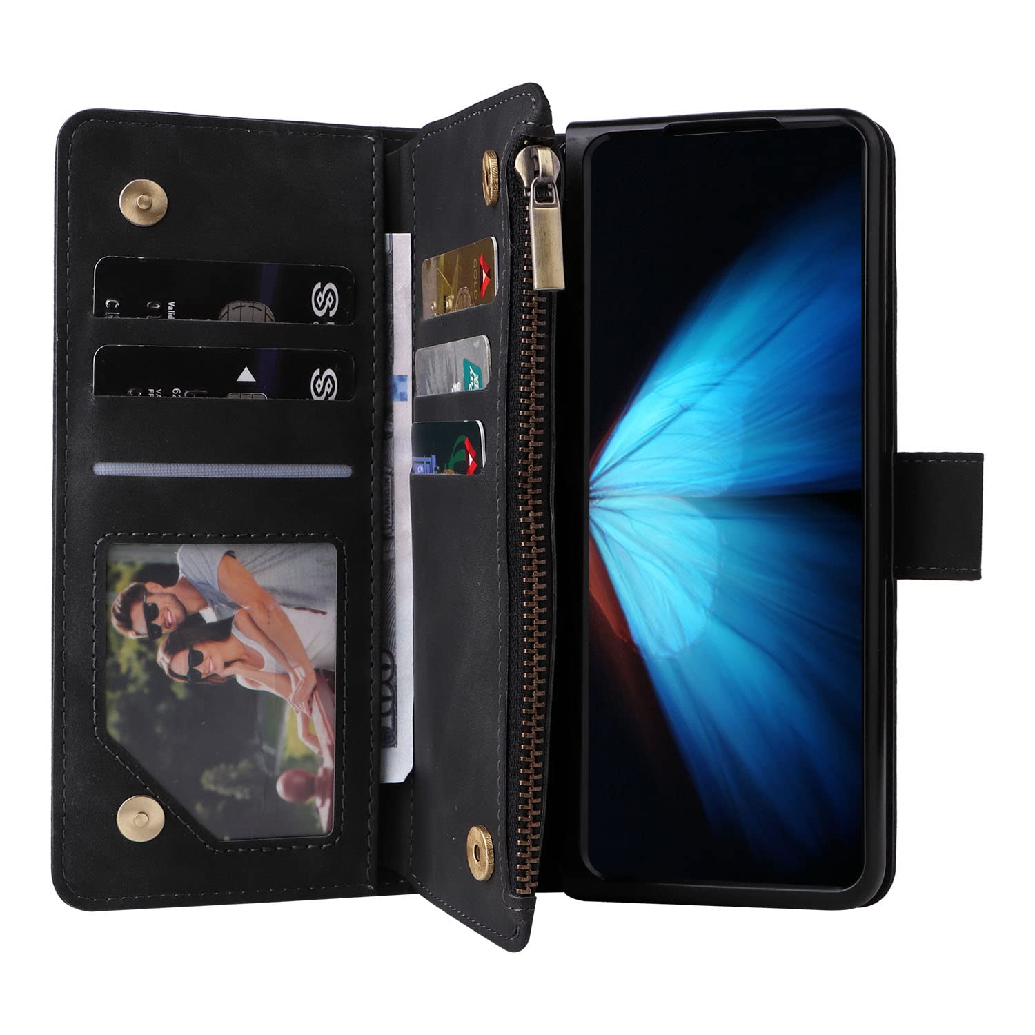 LBYZCASE Case for Galaxy Z Fold 4 5G(2022) with Card Slots,Durable Flip Folio Kickstand Magnetic Closure Leather Zipper Wallet Wrist Strap Women Men Case Cover for Samsung Galaxy Z Fold 4 5G (Black)