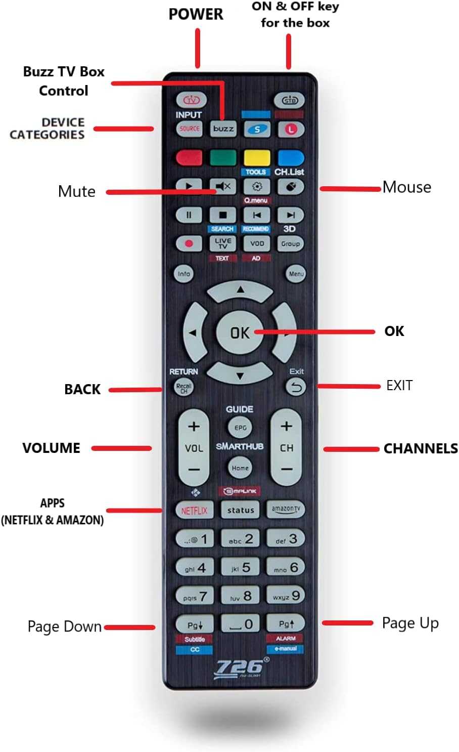 BuzzTV remote control layout with labeled buttons