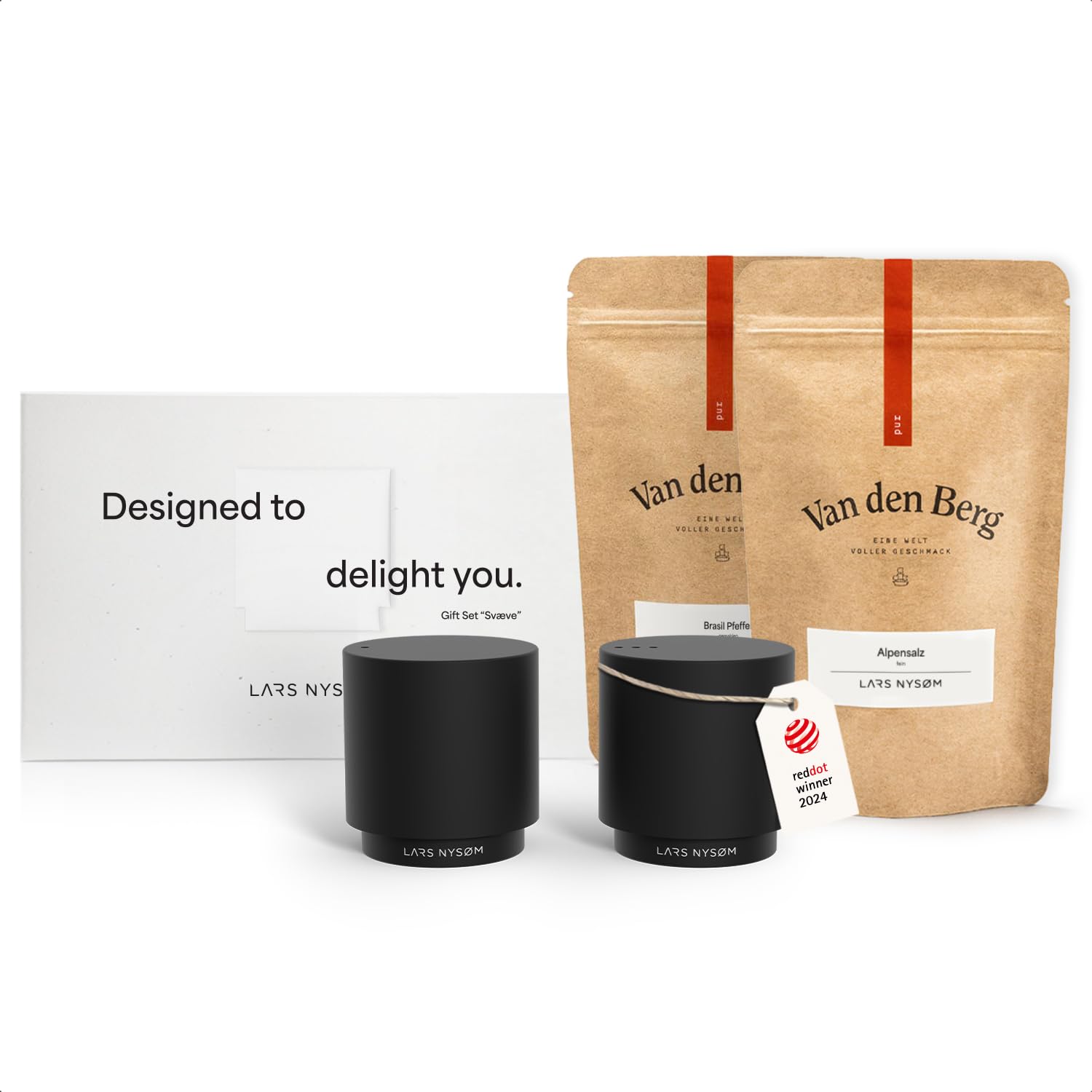 LARS NYSØM Set regalo con saliera e pepiera & spezie - Mini saliera e pepiera di design con il miglior sale alpino e pepe del Brasile in un'attraente confezione regalo (Carbon Black)