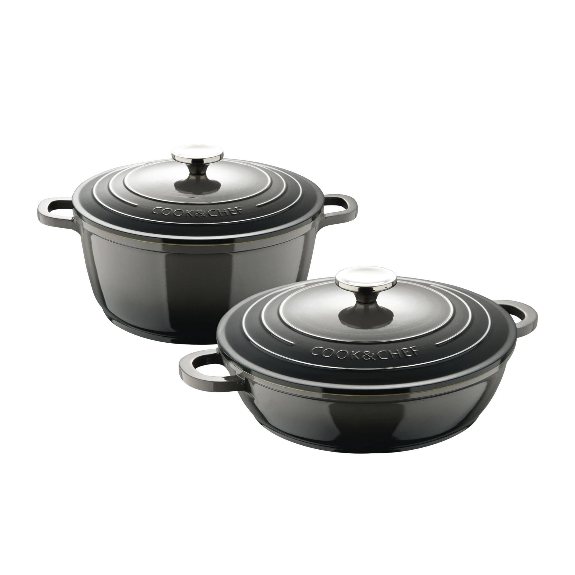 Juego de Cacerola de Ø20cm - 2,​4L y Cacerola baja de Ø24cm - 2,​3L en aluminio fundido color Gris EXCALIBUR Bergner