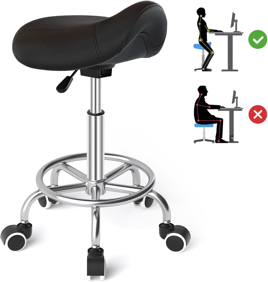 Ergonomic Saddle Stool with Wheels Adjustable - Comfortable Thick Saddle Seat Cushion, 360° Swivel, NO Back Pain, Healthy Posture, Saddle Chair with Footrest for Massage Medical Salon Home (Black)