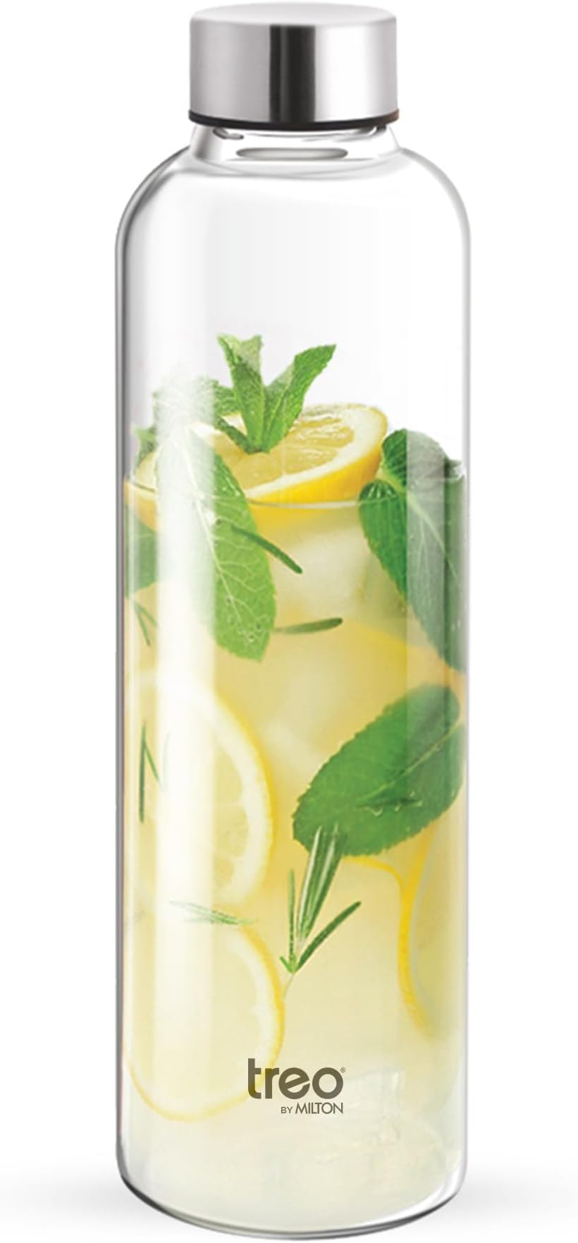 Treo by Milton Clarion Borosilicate Glass Fridge Water Bottle with Leak-Proof Airtight Stainless Steel Lid, 760 ml, Transparent for Hotel, Travel, Office, Home