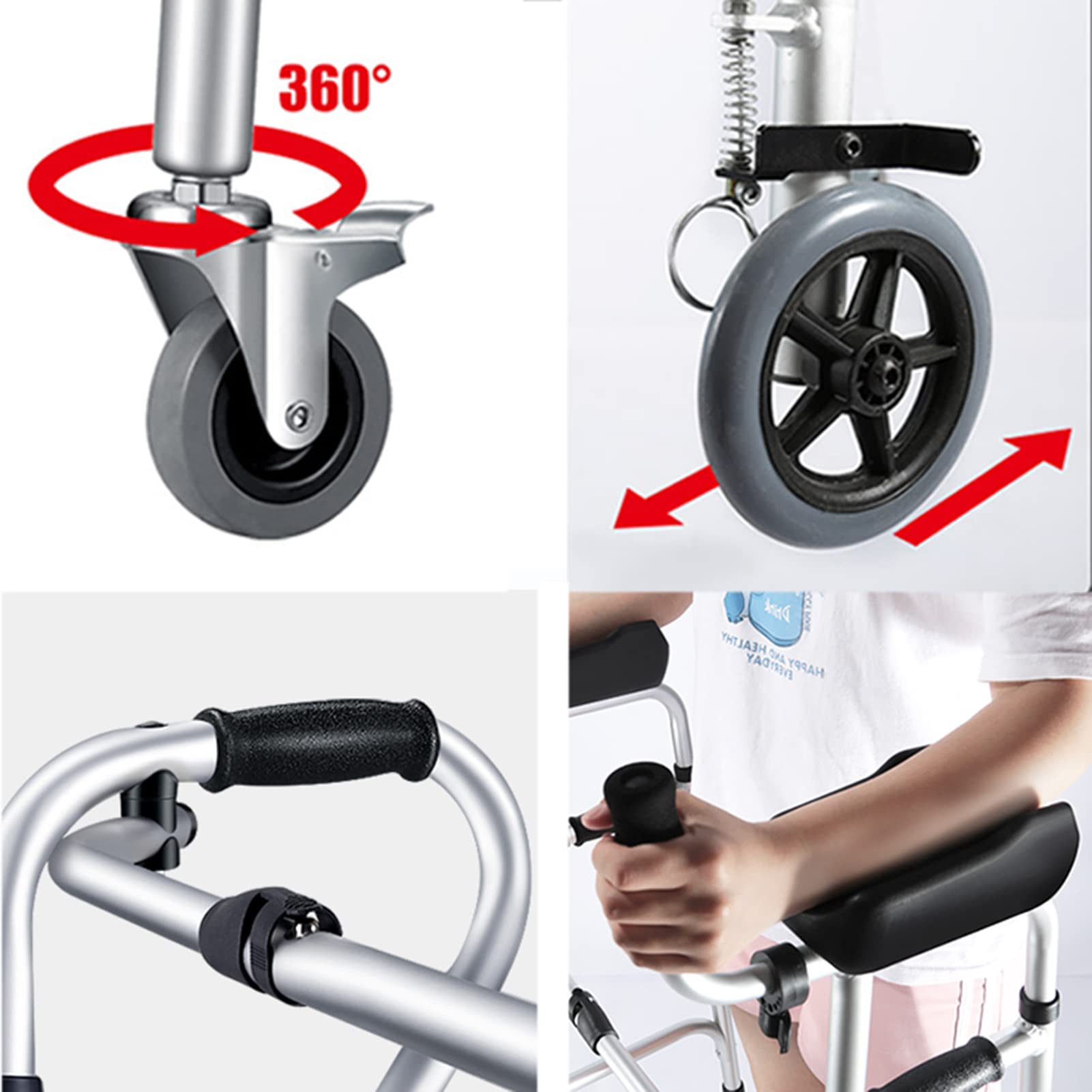 Andador con Frenos, Andador Ligero Plegable de 4 Ruedas con Asiento Acolchado, Andador para Ancianos con Almohadilla para reposabrazos