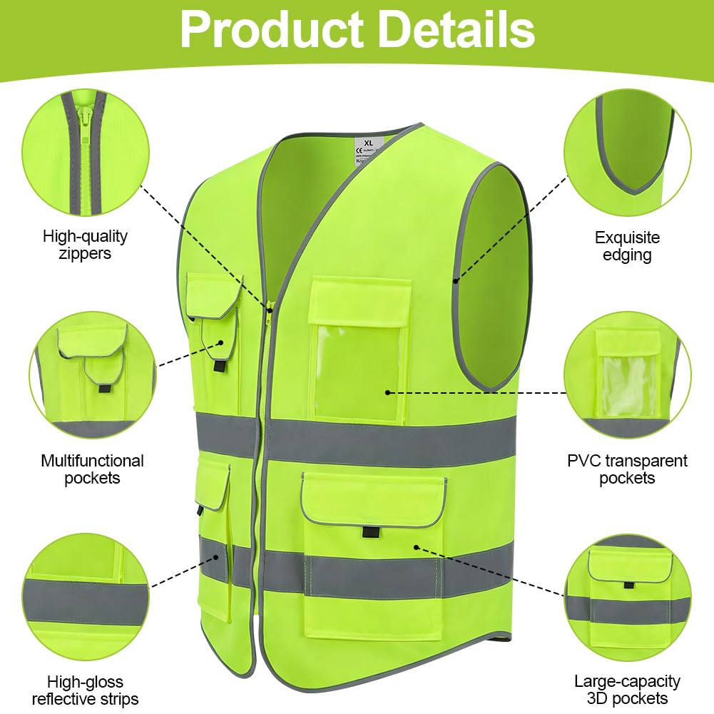 Chaleco de Seguridad Reflectante, Chaleco de Seguridad de Alta Visibilidad, Chaqueta de Chaleco Cremallera Brace Seguridad Teléfono Móvil Titular de Id de Bolsillo