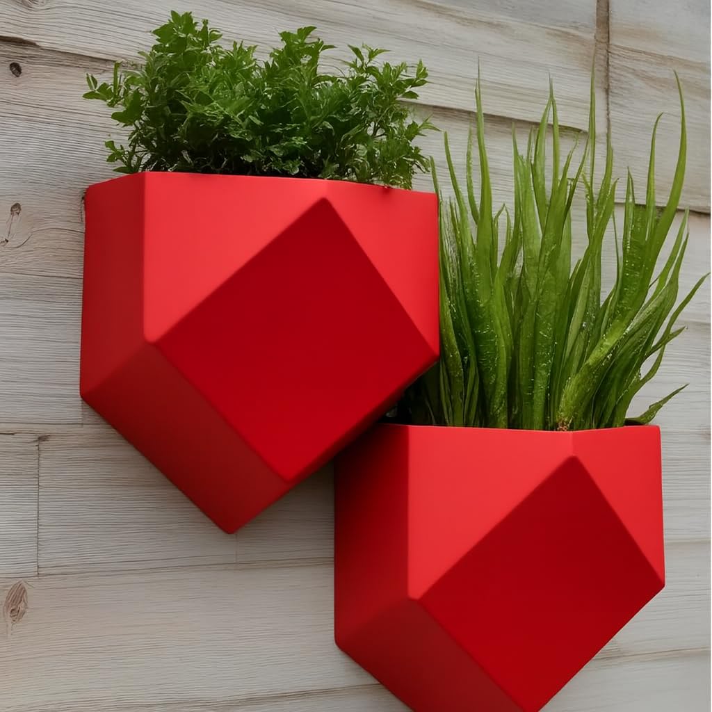 Modern Geometric Low Poly Wall Hanging Planter for Outdoor Use (Pack of One or Two) (2, Red, Large 25x23x14c)